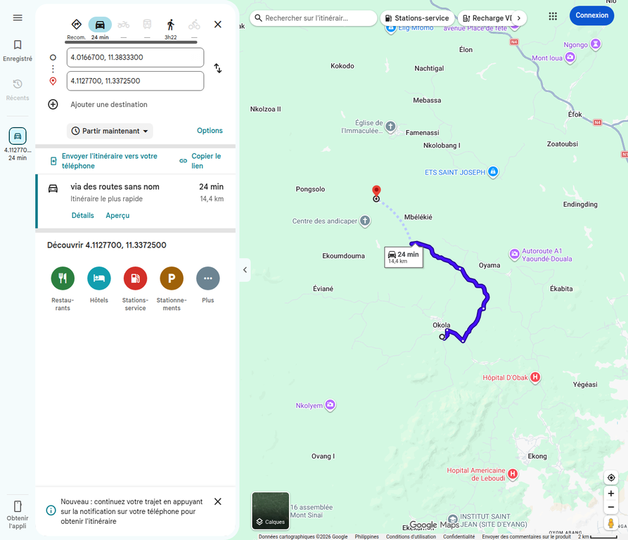 Google Maps : trajet routier direct d’Okola vers Ebanga, 14,4 km, environ 24 minutes